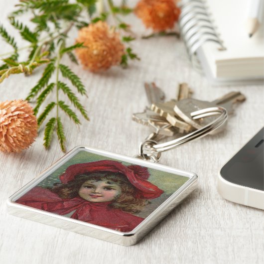 クリスマスビクトリアンチャイルドレッドハットガールポートレートAr キーホルダー (側面)
