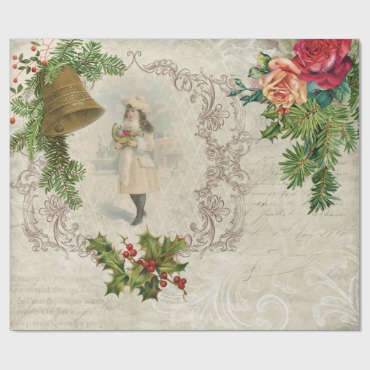 クリスマスビクトリアンバラパイン&ホリーコラージュ ラッピングペーパー (フラット)
