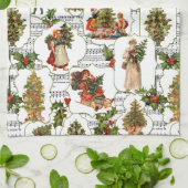 クリスマスビクトリアン・ツリー、ホリー&ミュージック キッチンタオル (折り畳み)