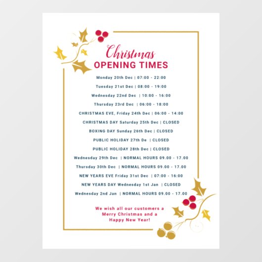 クリスマスビジネスのオープニングタイム、金ゴールドレッドホリー ウィンドウサイン (シート)