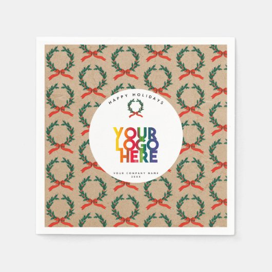 クリスマスビジネスロゴヴィンテージリースKraft スタンダードカクテルナプキン (正面)