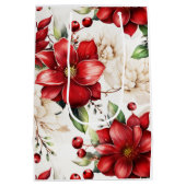 クリスマスビッグフラワーポインセチア赤い緑パターン ミディアムペーパーバッグ (裏面)