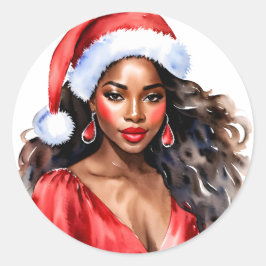 クリスマスビューティフルブラックウーマンサンタハット ラウンドシール