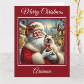 クリスマスビレッジのサンタとラグドール子猫 カード (黄色い花)