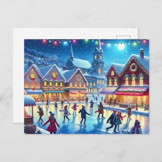 クリスマスビレッジアイススケートで滑るシ絵を描ーン ポストカード (正面/裏面)