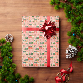 クリスマスビレッジインパステルピンク ラッピングペーパー