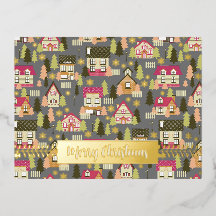 クリスマスビレッジグレーフォイルホリデーポストカード