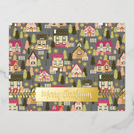 クリスマスビレッジグレーフォイルホリデーポストカード 箔シーズンポストカード