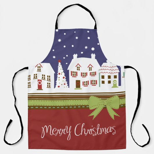 クリスマスビレッジメリークリスマスレッドスノーウィンター エプロン (正面)