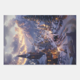 クリスマスビレッジ雪に覆われた通りの切り離し ラッピングペーパーシート