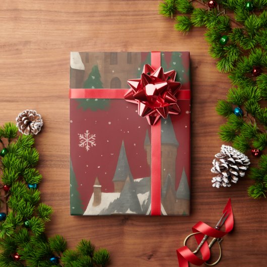 クリスマスビレッジ | レッドウィズスノーハウスアンドパインズ ラッピングペーパー (クリスマスギフト)