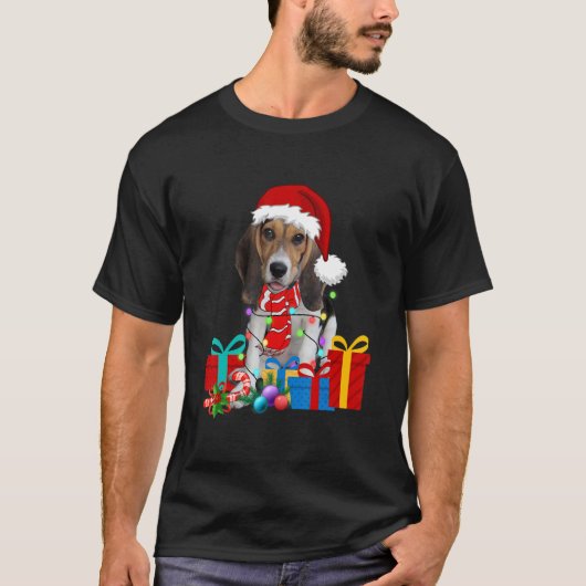クリスマスビーグルドッグクリスマスライトサンタハットパジャマ Tシャツ (正面)