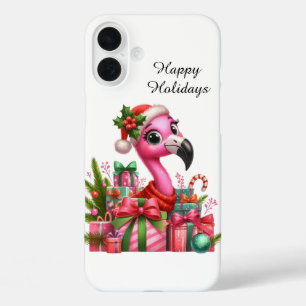 クリスマスビーチのピンクフラミンゴデザイン iPhone 16 PLUSケース