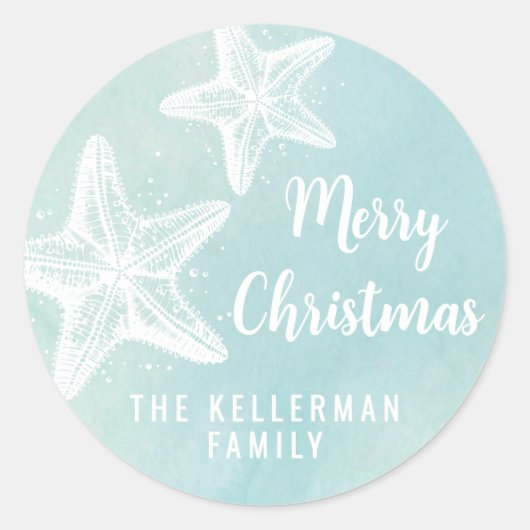 クリスマスビーチの星型の魚 ラウンドシール (正面)