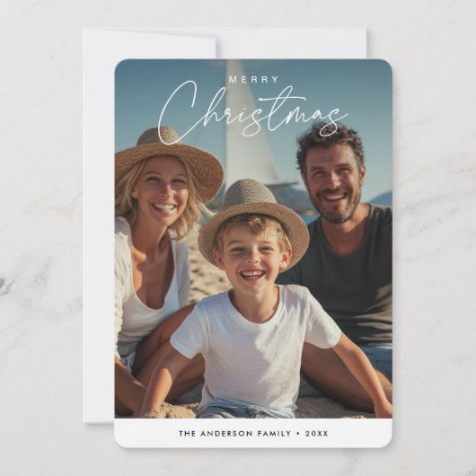 クリスマスビーチイ航海のー家族の子供の写真をスクリプト シーズンカード (正面)