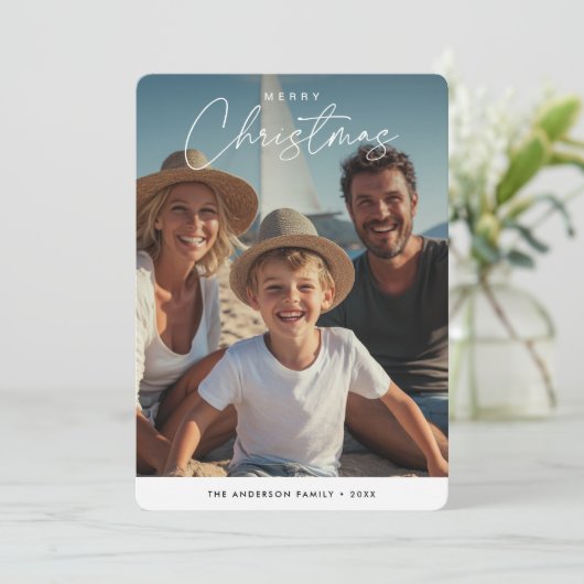 クリスマスビーチイ航海のー家族の子供の写真をスクリプト シーズンカード (スタンド正面)