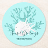 クリスマスビーチサンドドルスターフィッシュアクアブルー ラウンドペーパーコースター (正面)