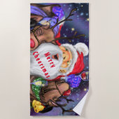 クリスマスビーチタオルギフトサンタとトナカイおもしろい ビーチタオル (正面)