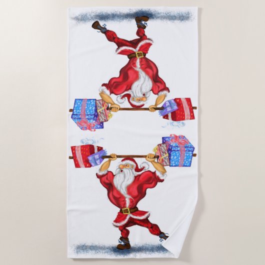 クリスマスビーチタオルボディビルダーSanta with Gift ビーチタオル (正面)