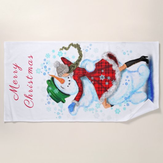 クリスマスビーチタオル雪だるまとガールダンス – おもしろい ビーチタオル (正面)