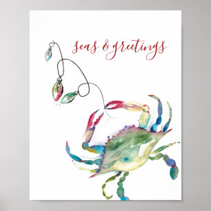 クリスマスビーチハウスウォーターカラープリント ポスター