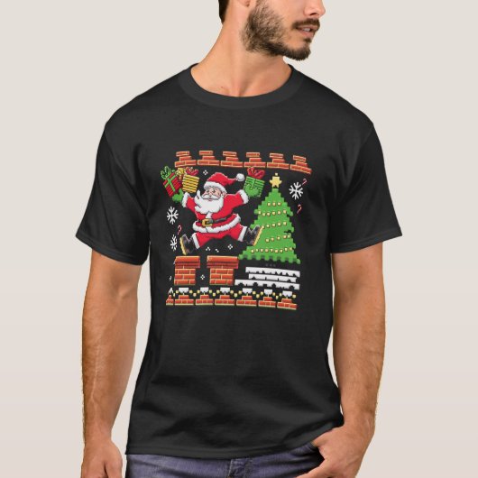 クリスマスピクセル化サンタ節ゲーマーピクセルアートG Tシャツ (正面)
