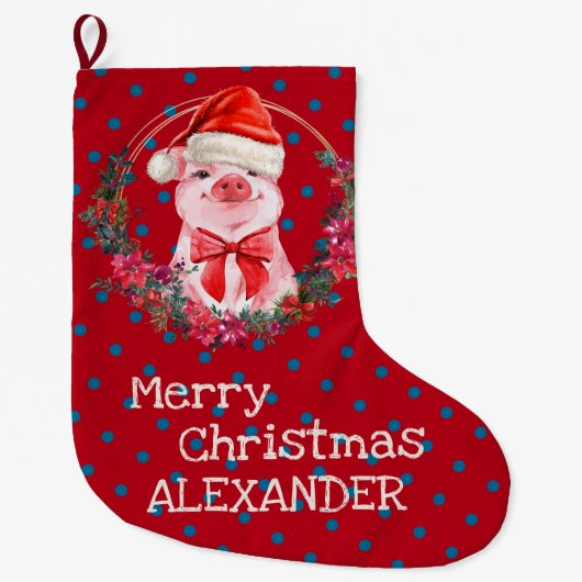 クリスマスピグキュートピグレットボウリース水玉模様 ラージクリスマスストッキング (正面)