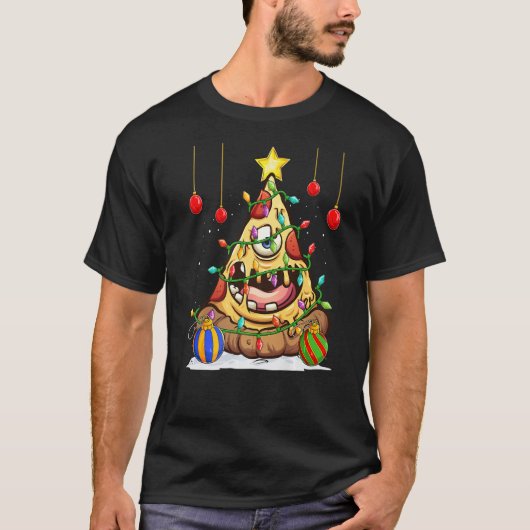 クリスマスピザ食べ飾物がクリスマスツリーを点灯 Tシャツ (正面)