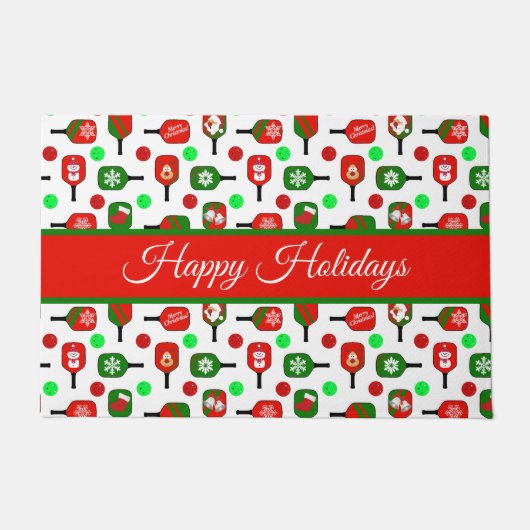 クリスマスピックボールレッドグリーンパドルボールX-Mas ドアマット (正面)