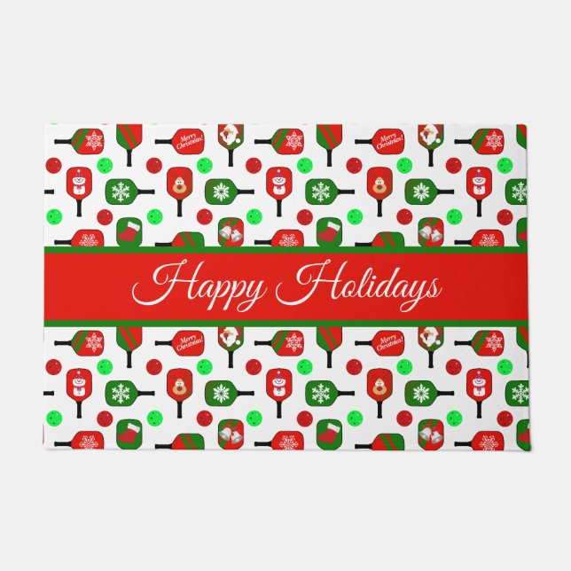 クリスマスピックボールレッドグリーンパドルボールX-Mas ドアマット (正面)