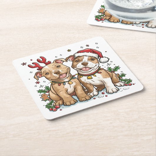 クリスマスピットブルドッグ スクエアペーパーコースター (アングル)
