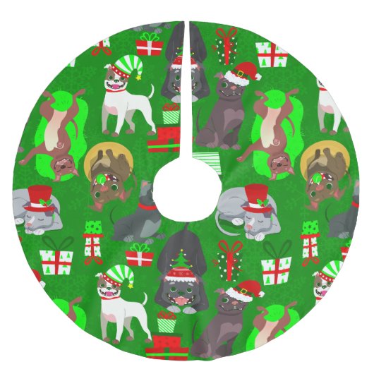 クリスマスピットブル子犬 ブラッシュドポリエステルツリースカート (正面)