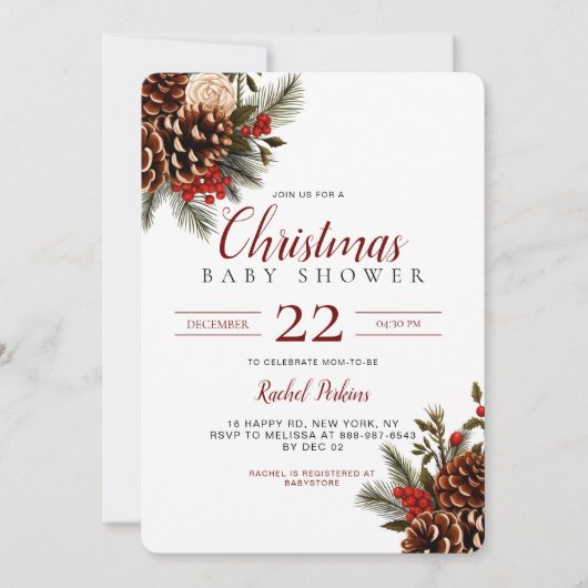 クリスマスピネコーンベリーユニセックスベビーシャワー 招待状 (正面)