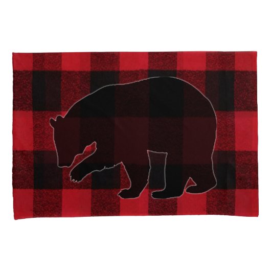 クリスマスピローケース赤い格子縞ブラックベア 枕カバー (正面右)