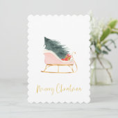 クリスマスピンクそり手書きスクリプト シーズンカード (スタンド正面)