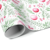 クリスマスピンクのオーナメントと葉 ラッピングペーパー (ロールコーナー)