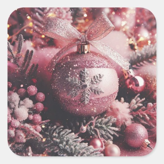 クリスマスピンクのキラキラの要素 スクエアシール (正面)