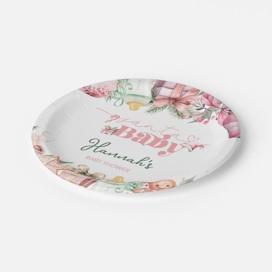 クリスマスピンクのサンタ赤ちゃんシャワー ペーパープレート (アングル)