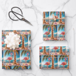 クリスマスピンクのフラミンゴが絡み合った光 ラッピングペーパーシート
