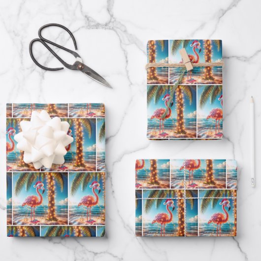 クリスマスピンクのフラミンゴが絡み合った光 ラッピングペーパーシート (正面)