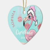 クリスマスピンクのフラミンゴサンタフォトブルーかわいい セラミックオーナメント (左)