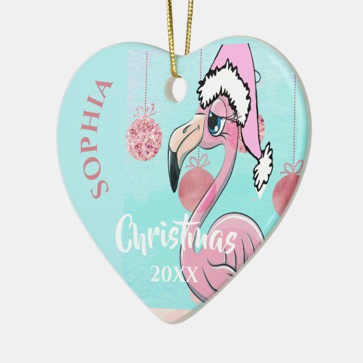 クリスマスピンクのフラミンゴサンタフォトブルーかわいい セラミックオーナメント (左)