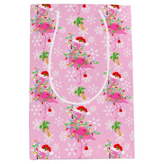 クリスマスピンクのフラミンゴパターン ミディアムペーパーバッグ (正面)