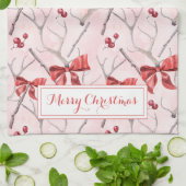 クリスマスピンクのリボンとホリーベリーの休日K キッチンタオル (折り畳み)