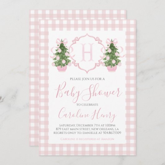 クリスマスピンクの赤名門私立校風のちゃんシャワー 招待状 (正面/裏面)