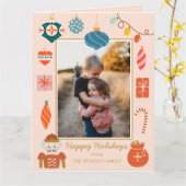 クリスマスピンクオーナメントかわいい家族写真 カード (黄色い花)