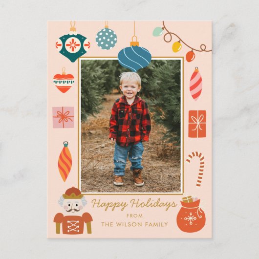 クリスマスピンクオーナメントかわいい家族写真 シーズンポストカード (正面)