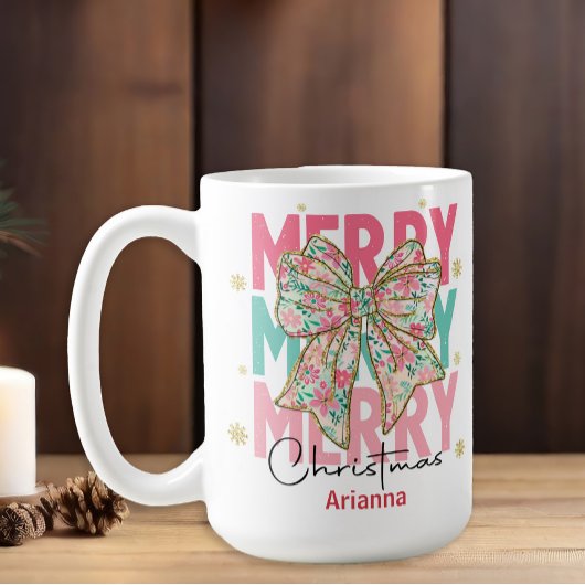 クリスマスピンクグリーンティールリボン名 コーヒーマグカップ