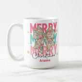 クリスマスピンクグリーンティールリボン名 コーヒーマグカップ (左)