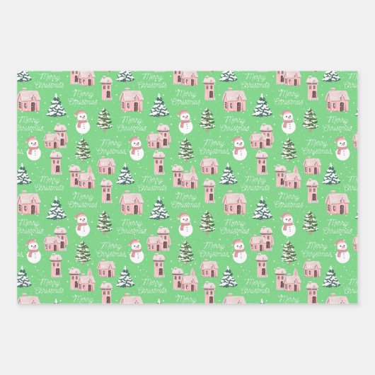 クリスマスピンクコテージパインツリースノーウィー ラッピングペーパーシート (正面3)